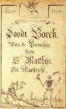 Titelblad van het overlijdensregister van de St. Matthiasparochie (Maastricht) beginnend in 1704.